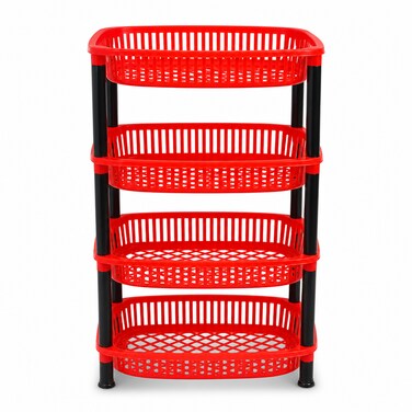 FITTO 4-Tier Plastic Storage Basket Rack, Red and Black, 1 Unit