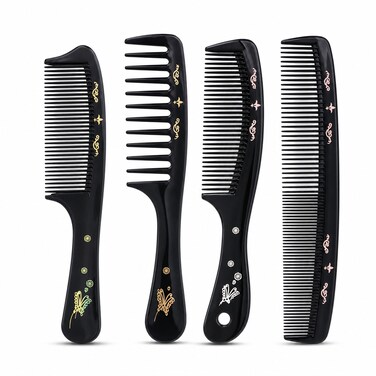 FITTO Black Decorative Print Hair Comb Set, 4 Pieces