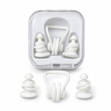 FITTO Swimming Ear Plug Set With Nose Clip and Storage Case, White
