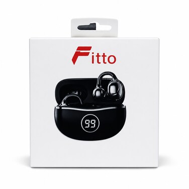FITTO Clip-On Wireless Earbuds with Charging Case and Battery Display, Black