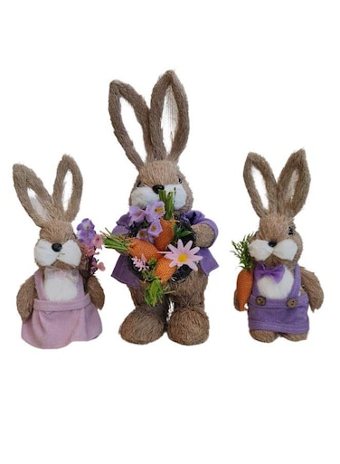 Easter Set of 3 Bunny Family Cotton String Rabbits Ornament Crafts Decoration for Yard Sign Garden, Living Room, Bedroom
