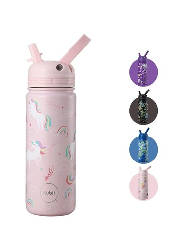 Kubii&reg; Premium insulated stainless steel kids bottle with straw lid, Unicorn Water bottle for girls,Thermos bottle, BPA free, 533ml /18oz (Unicorn Pink)