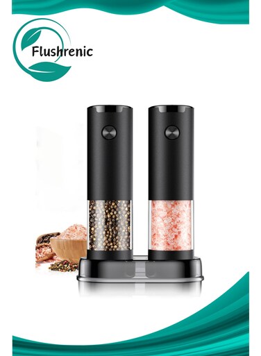 Electric salt and pepper grinder set, automatic battery-powered pepper grinder, with base, adjustable coarseness, adjustable seasoning grinder, easy to fill, upgraded version, large capacity with LED light, suitable for barbecue restaurant kitchens.