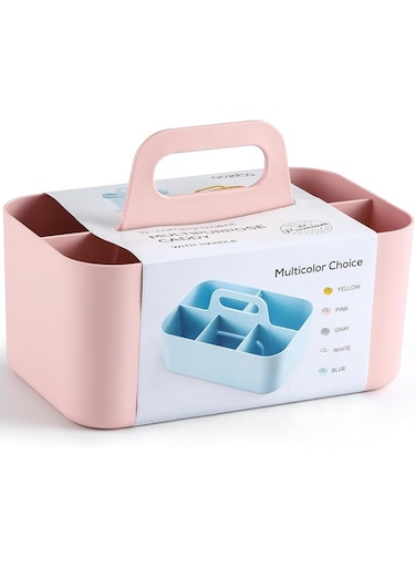 ALMEKAQUZ Multiuse Caddy Organizer with Handle,Stackable Plastic Bin Basket, Divided Storage Tote Holder,for Art Craft Supplies, Makeup, Bathroom, Shower, Cleaning, Kitchen, Office, Dorm (Pink)