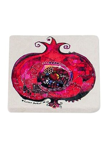 Pomegranate Printed Limbra Natural Stone Coaster Red/White/Black 10x10cm