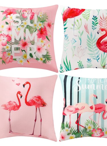 4 Pcs Flamingo Throw Pillow Covers, 18 X 18 Inch Decorative Pink Bird Pillowcases Tropical Leaves Cushion Covers for Sofa Couch Summer Holiday Home Decor (Sets A)