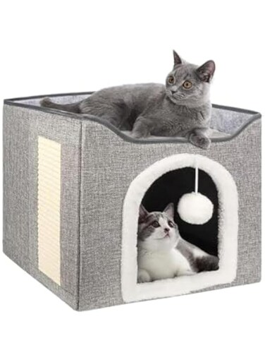 Myqcandy Foldable Cat Cube Cave,Large Pet Play House with Fluffy Ball Hanging,Scratch Pad and Detachable Storage Box (Grey)