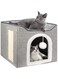 Myqcandy Foldable Cat Cube Cave,Large Pet Play House with Fluffy Ball Hanging,Scratch Pad and Detachable Storage Box (Grey)
