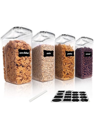 Vtopmart 4 PCS 4L Cereal Container Set, BPA Free Plastic Airtight Food Storage Container for Snacks and Sugar, Cereal Dispensers with 24 Chalkboard Labels, Black