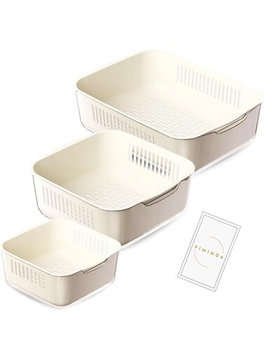VIMINDA Fresh Food Storage Containers for Refrigerator, 2 in 1 Filter Plastic Fruit Washing Drain Basket, Food Strainer &amp; Kitchen Colander Set, Vegetable Basket Sink Strainer (3pcs Set)