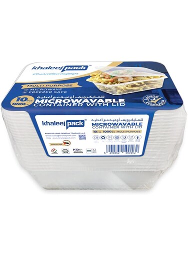 Khaleej Pack Disposable Container with Lids Bowls For Food - 1000 ml Pack of 10 Rectangular Microwave Plastic Freezer Soup Pint Deli Kitchen Containers Storage Box Khaleej Pack