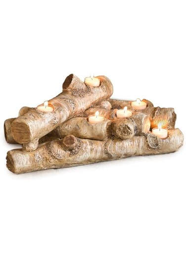 Plow &amp; Hearth Faux Wood Resin Logs Tea Lights Candle Holder, Birch