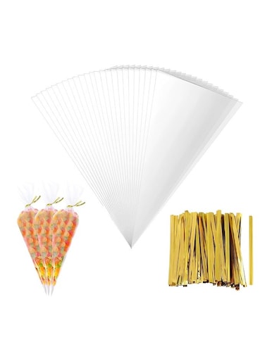 Pcs Clear Plastic Cone Shaped Treat Bags with 100 Twist Ties for Party Favor, Gift Wrapping, Packaging Decorations Storage