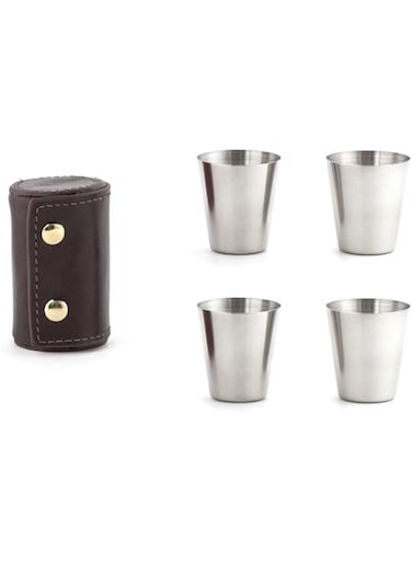 Kikkerland BA59 Shot Glasses with Leather CASE, Stainless Steel, Brown, 5 Piece Set