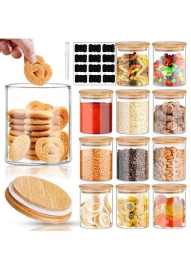 12 Pack Glass Jars Set, 250ml Spice Jars with Bamboo Lids, Clear Glass Food Storage Containers, Kitchen Canisters Set for Sugar, Tea, Cookie, Coffee with Labels and Pen