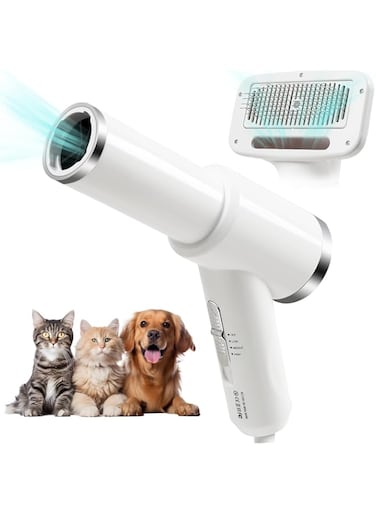 Portable Pet Hair Dryer, Quiet 2 in 1 Pet Grooming Hair Dryer Blower with Slicker Brush, Negative Ion for Drying and Grooming of Small to Medium Dogs and Cats (White Hair Dryer)