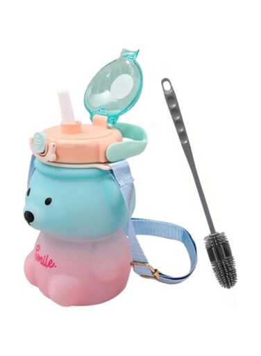 1000Ml Transparent Bear Water Bottle with Straws and cleaning brush, Backpack, And Handle - Hand Wash Only, PC Material, Leak-Proof, No PVC