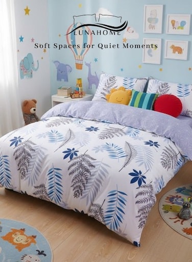 Home Single Set of 4 Pieces: ( Duvet cover - 160*210cm.; 1 Fitted sheet 100*200+30cm.; 2 Pillow cases - 50*75cm.) Reversible Bedding Set, with a Lovely Leaf Design.