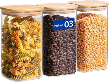 Glass Storage Jar with Bamboo Lid, 1000ml, 10x15cm &acirc;&euro;&ldquo; Multipurpose Airtight Container for Spices, Snacks, Dry Fruits, Grains &amp; Pantry Organization, Pack of 3