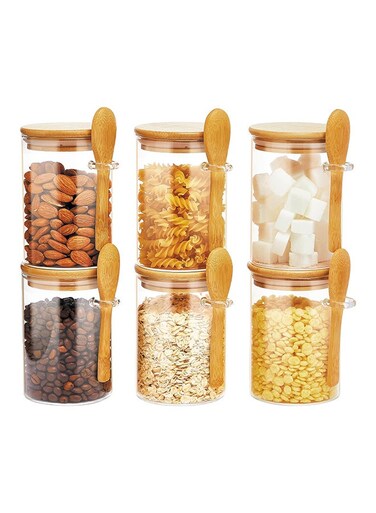 6Pcs Glass Jars with Bamboo Lids &amp; Spoons : 550ml Airtight Glass Spice Jars Clear Sugar Container Food Storage Containers for Coffee Beans Spice Sugar Tea Nuts Candy Salts