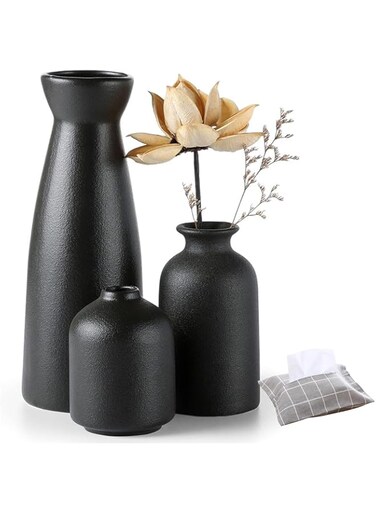IS MUHE Ceramic Vases Set of 3 Contemporary Flower Vases For Modern Home Decor, Modern Farmhouse Decor, Living Room Decor,Tabletop Decor, Bookcase, Fireplace and Entrance (Black)