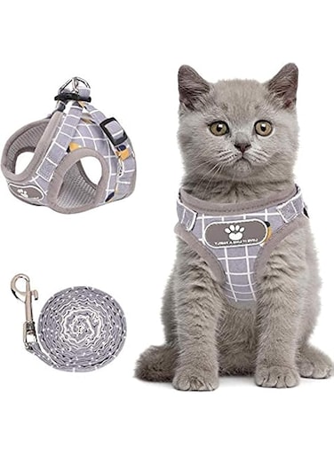 HALAMODO Mesh Step in Adjustable Reflective Strap Vest Harness for Dog Cat Walking (Gray)