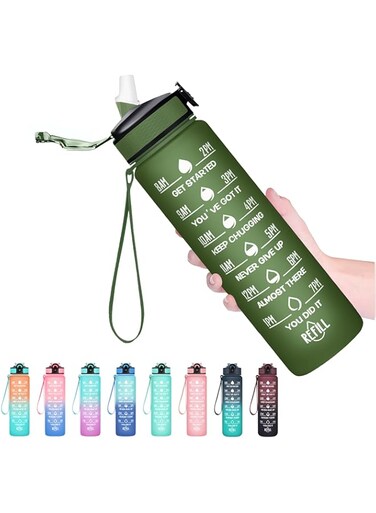HYETA 32 oz Water Bottles with Times to Drink and Straw, Motivational Water Bottle with Time Marker, Leakproof &amp; BPA Free, Drinking Sports Water Bottle for Fitness, Gym &amp; Outdoor, Hunter Green