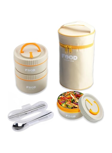 NIXUIO Thermal Bento Lunch Box Stainless Steel, 3 Separate Stackable Containers For Adults &amp; Kids With Portable Lunch Box Bag &amp; tableware &mdash; Microwave/Dishwasher/Freezer Safe &mdash; BPA [ Beige, 1400 ML ]