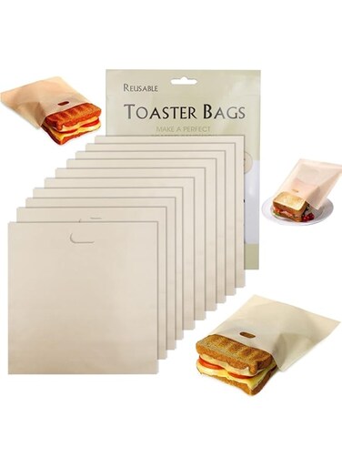 Oasisgalore Reusable Non-Stick Toaster Bags, 10 Pack, Clear, Zipper Closure, Silicone Material, Washable, Microwave Safe, For Toast, Panini, Snacks