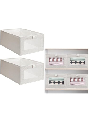 Excefore Linen Closet Organization, 2 Pcs Large Storage Foldable Clothing Bins, Foldable Box with Window Storage Baskets for Closet Shelf, Clothes, Jeans, Toys Organization, Beige