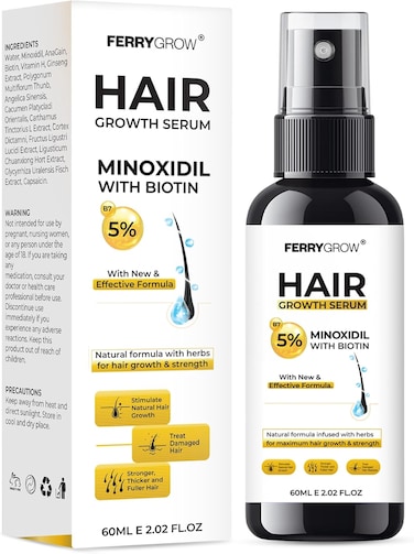 Ferrygrow Minoxidil 5%, Hair Growth Serum, Regrowth Treatment For Thickens Hair,Promotes Hair Density Help To Stop Thinning loss stimulates Hair Growth, Regain Hair Serum With Biotin