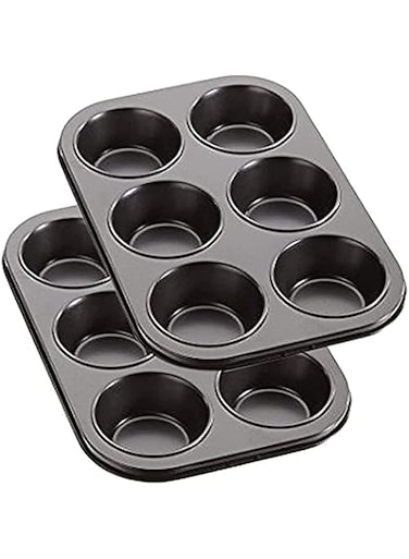 New Brand 2 Pack Deep Sturdy Muffin Fairy Cake 6 Cup Non Stick Baking Tray Tin for Yorkshire Pudding Pies, Cupcakes, Muffin and Brownies, Carbon Steel