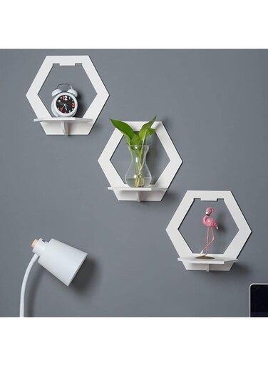 Azonee Floating Shelf, White Hexagon Shelves for Wall Set of 3, Easy Assembly 29x29x18cm PVC, Practical and Decorative Shelf for Children's Room, Living Room, Bedroom