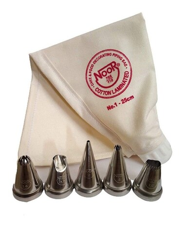Original Noor Cloth Icing Piping Bag with 5 Stainless Steel Icing Nozzles Used in Cake &amp; Food Decoration, Bakery &amp; Confectionery