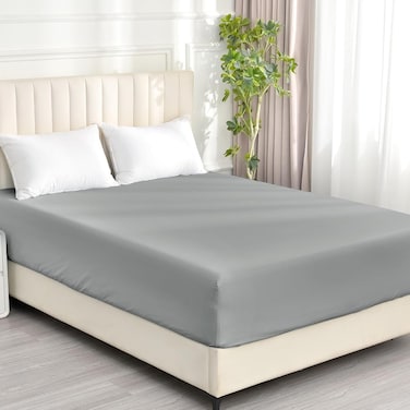 Home 100% Washed Cotton Fitted Sheet King 198cm x 200cm x 40cm Deep Pocket and 2.5cm Wider Elastic, Breathable &amp; Easy Fit, Grey