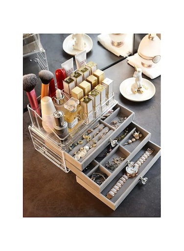 U-HOOME Acrylic Jewelry Box with 3 Drawers, Clear Earring Jewelry Organizer for Women, 4 Layers Rings Display Case Necklaces Holder Tray with Lipstick Holder Cosmetic Storage