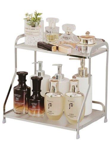 Bathroom Organizer Countertop Cosmetic Display, Creative Perfume Tray 2 Tiers for Dressing Table Makeup Living Room Vanity - Silver