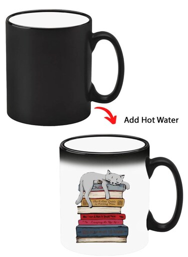 Color Changing Heat Sensitive Ceramic Mug, Image Revealed When HOT Liquid is Added! Cat on books