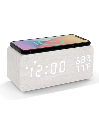 Lancoon Wooden LED Alarm Clock with Wireless Charging Temperature and Humidity Display Calendar Adjustable Brightness Sound Control for Bedroom Home Office (White)