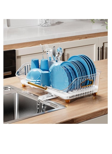 Dish Rack Dish Drying Stand Plastic Utensils Holder Sink Storage Rack with Drainer for Kitchen Countertop Bowl and Plate Organizer (Transparent)