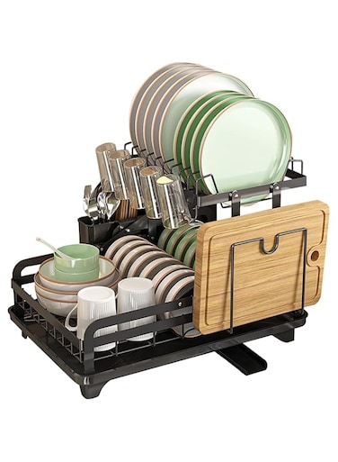 TOMVAES Dish Drying Rack for Kitchen, Collapsible Rust-Resistant 2-Tier Dish Drying Rack with Drainer Cutting Board Cutlery Holder Dish Drainer for Small Kitchen Counter Space