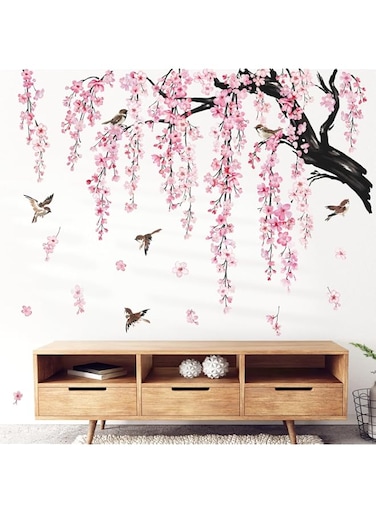 wondever Large Flower Tree Branch Wall Stickers Pink Cherry Blossom Floral Birds Wall Art Decals for Living Room Bedroom TV Wall (150cm*143cm)