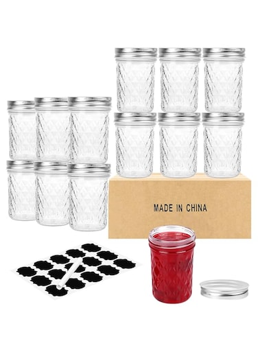 SKYLINK 12 Pack 8oz Mason Jars with Silver Lids &ndash; Crystal Glass Canning, 250ml Wide Mouth Jelly Jars for Honey, Jam, Food Storage, DIY Crafts, Party &amp; Wedding Favors