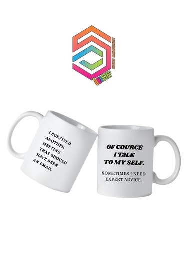 beautiful ceramic mug with &acirc;&euro;&oelig;OF COURCE I TALK TO MY SELF...&acirc;&euro; print on one side and a fun &acirc;&euro;&oelig;SURVIVED ANOTHER MEETING...&acirc;&euro; on the other. A thoughtful and stylish gift for any occasion and anyone.