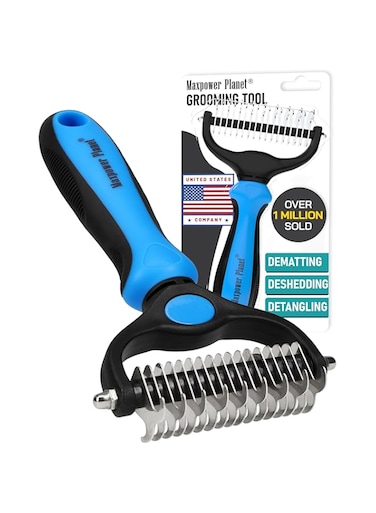 Maxpower Planet Pet Grooming Brush - Double Sided Shedding and Dematting Undercoat Rake Comb for Dogs and Cats,Extra Wide, Blue, Dog Grooming Brush, Dog Shedding Brush