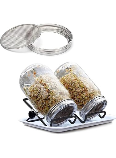 COOLBABY Jar Sprouting Kit-2pack 32oz Complete Wide Mouth Mason Jar Sprouting Kit with Stainless Steel Sprouter Lids,Stand &amp;Tray,Sprouting Jars for Bean Broccoli Alfalfa Radish Sunflower Seed
