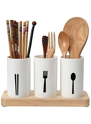 JANNAH Silverware Cutlery Holder for Chopsticks Spoons Forks Flatware Holder with Oak Wood Base Caddy Utensil Organizer Flatware
