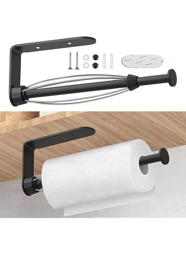 KOBFUN 2 Pack Metal Paper Towel Holder, Easy Tear with Damping Function, Single Hand Operable Wall Mount Paper Towel Holder, Self-Adhesive or Drilled for Kitchen,Under Cabinet, Bathroom. Black