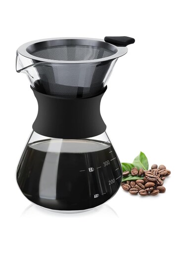 Art Pour Over Coffee Maker Set &acirc;&euro;&ldquo; Elegant Glass Carafe with Reusable Stainless Steel Drip Filter, Silicone Sleeve for Heat Protection, Complete Pour Over Coffee Dripper Pot 400ml