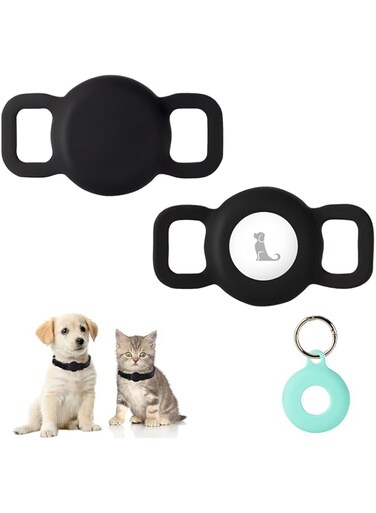 PuppyDoggy 2 Pack Airtag Dog Collar Holder for Dog Cat Tracker, Silicone Airtag Case Waterproof Scratch-Resistant, Anti-lost &amp; 1 Pack AirTag Keychain Holder for Pet Collar, Bag (Small, Black)
